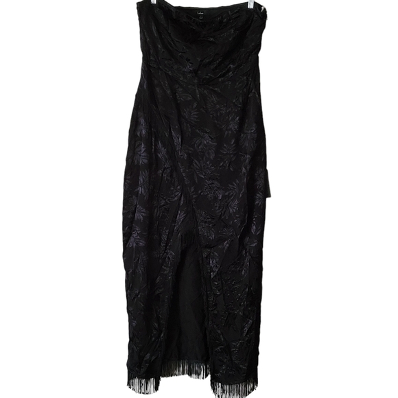 Lulus Ignite My Love Black Floral Embossed Strapless Fringe Midi Dress L - Picture 2 of 12